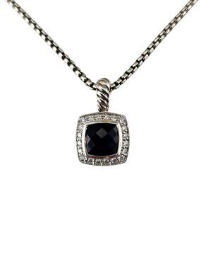 David Yurman Sterling Silver Onyx Diamond Albion Pendant Necklace w/Pouch #25044
